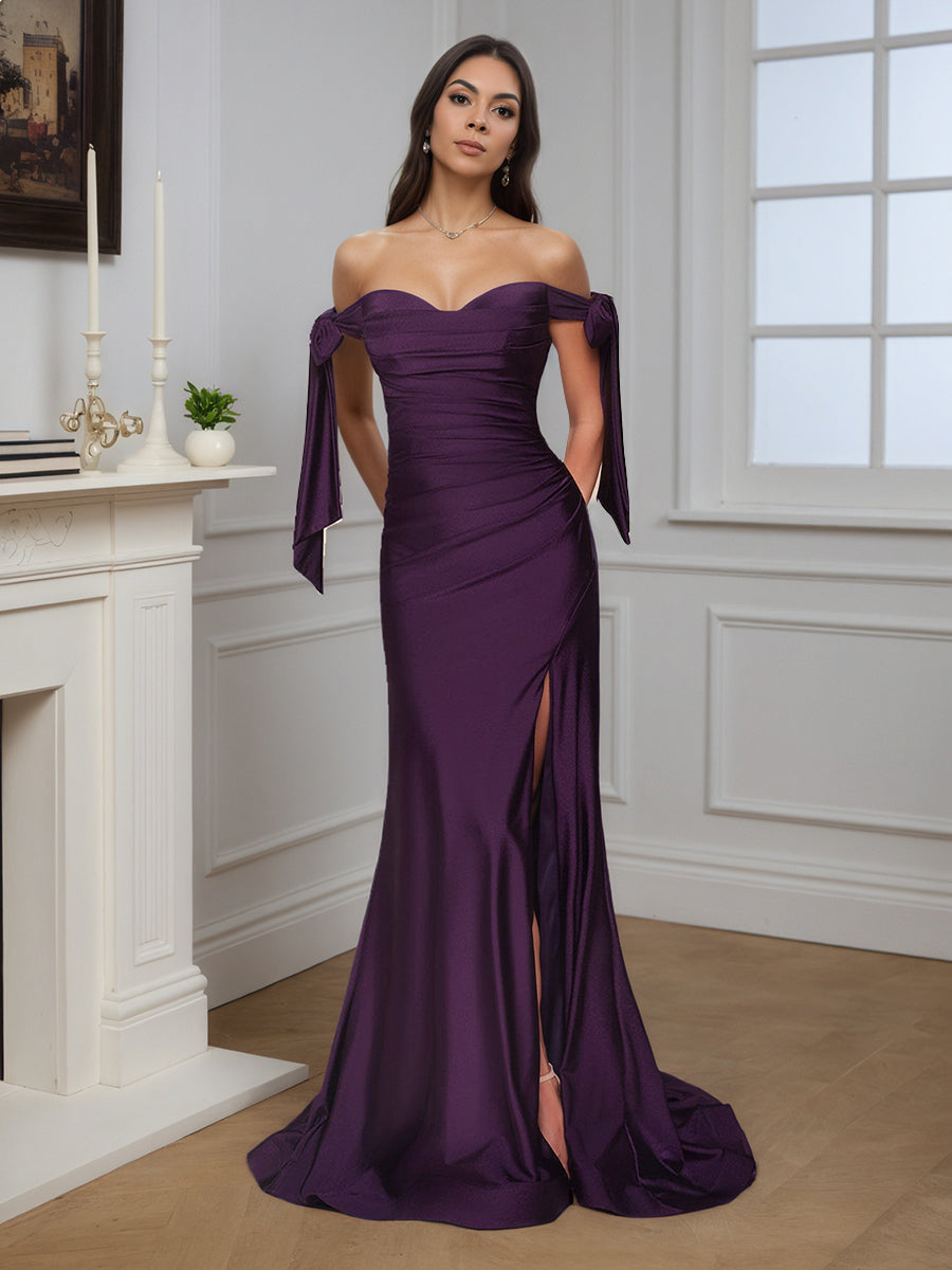 Elegant Off shoulder Side slit Sheath Prom Dresses,SW1765
