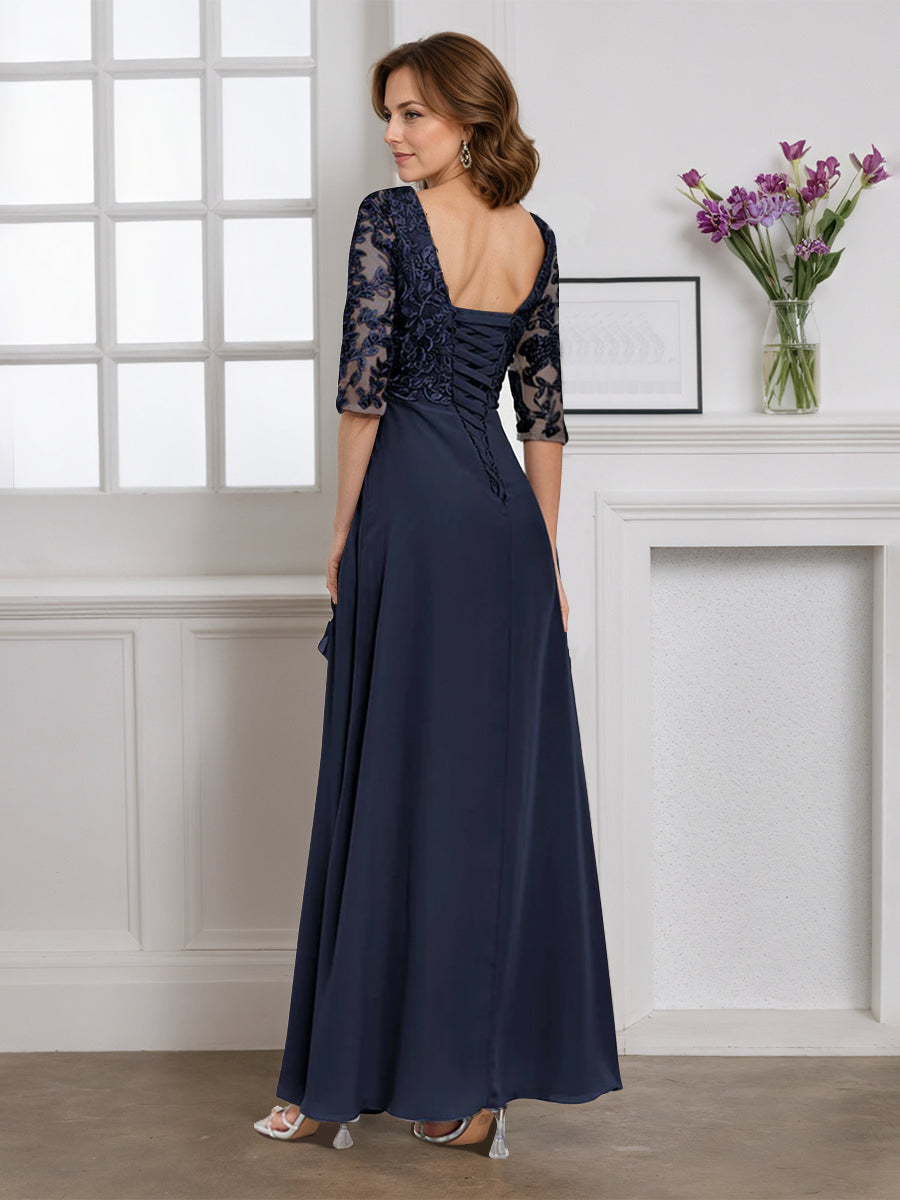 Cicinia Dark Navy Mother Of The Bride Dress Half Sleeves Long Chiffon Lace A-line V-neck Floor Length Gowns