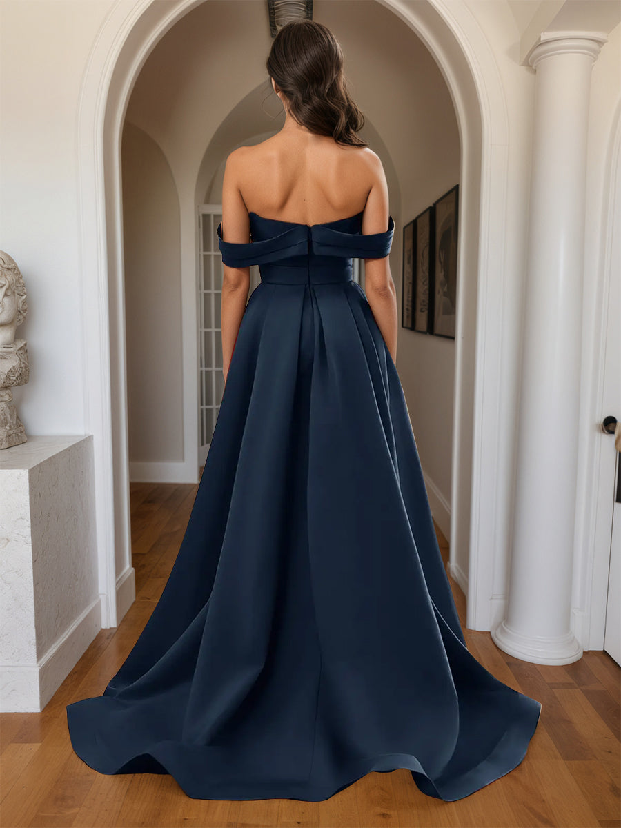 Cicinia Dark Navy Prom Dresses Long Sheath Soft Satin Slit Off The Shoulder Party Dress