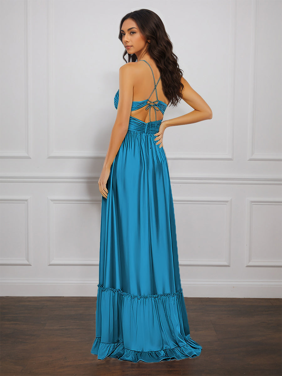 Cicinia Blue Prom Dresses Long Soft Satin A-line Spaghetti Straps Sweep Train