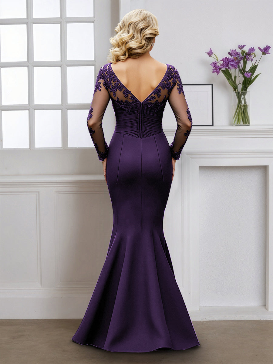 Cicinia Grape Mother Of The Bride Dress With Sleeves Long Stretch Fabric Mermaid V-neck