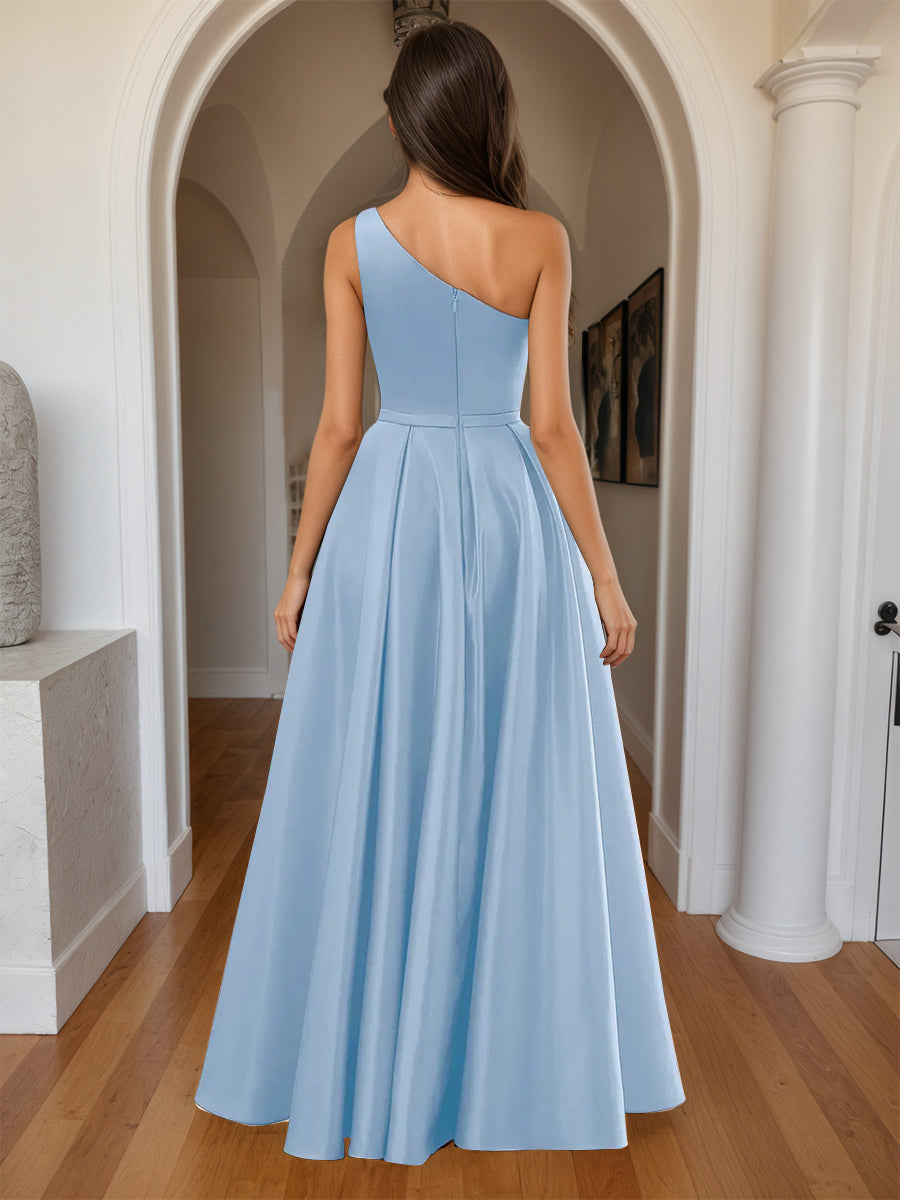 Cicinia Sky Blue Prom Dresses Long A-line Satin Slit One Shoulder Floor Length Gowns