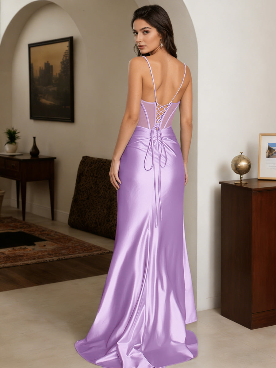 Cicinia Lilac Prom Dresses Long Stretch Satin Beaded Sheath Spaghetti Straps Evening Dress
