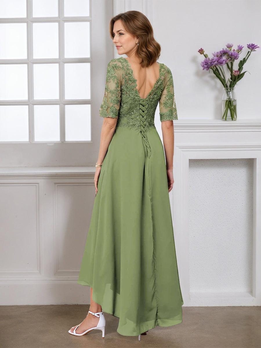 Cicinia Dusty Sage Mother Of The Bride Dress Half Sleeves Long Chiffon Lace A-line V-neck High-Low Hemline