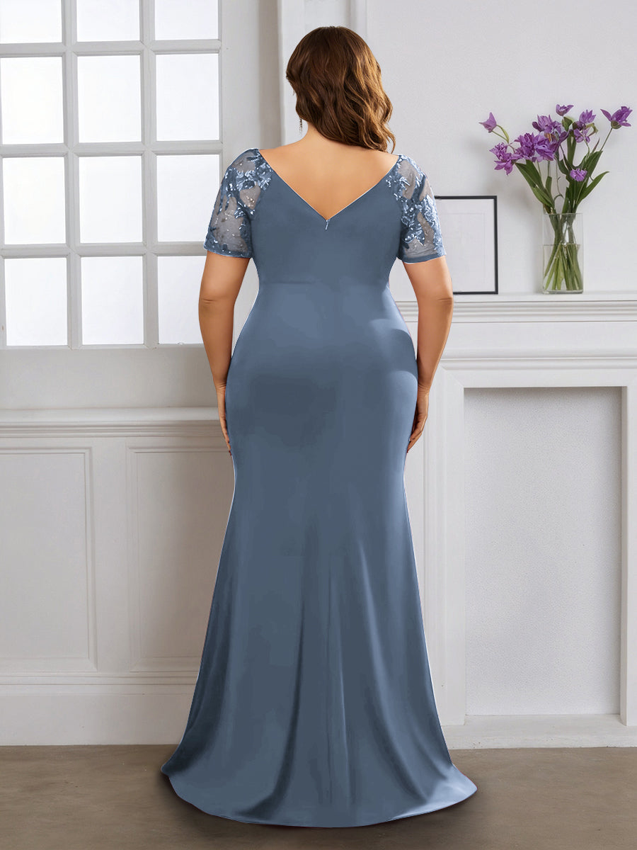 Cicinia Dusty Blue Mother Of The Bride Dress With Sleeves Plus Size Long Stretch Fabric Sheath V-neck Slit
