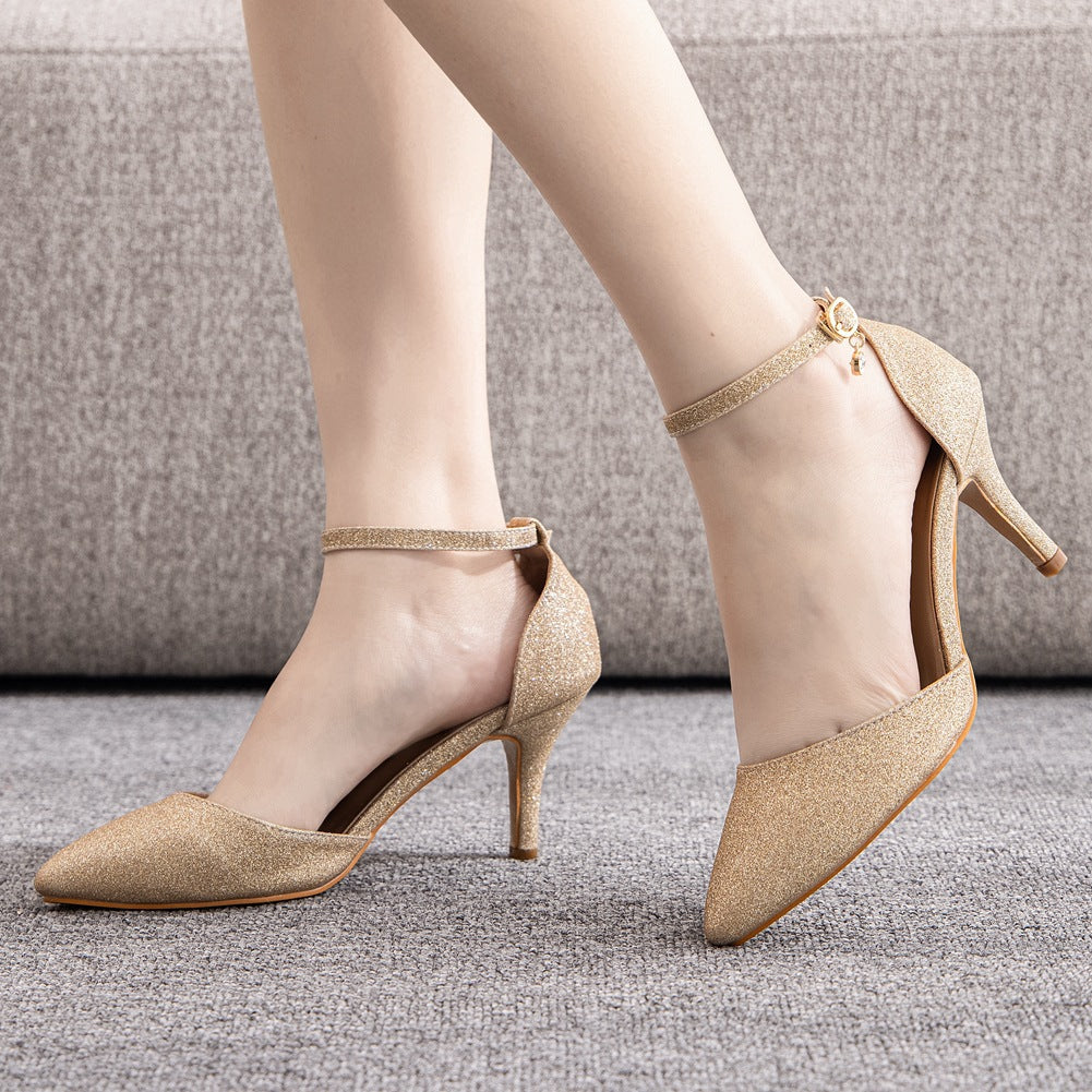 Pointed Toe Simple Glitter Stiletto Ankle-Strap High Heels