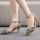 Pointed Toe Colorful Rhinestone Decor Ankle-Strap High Heels