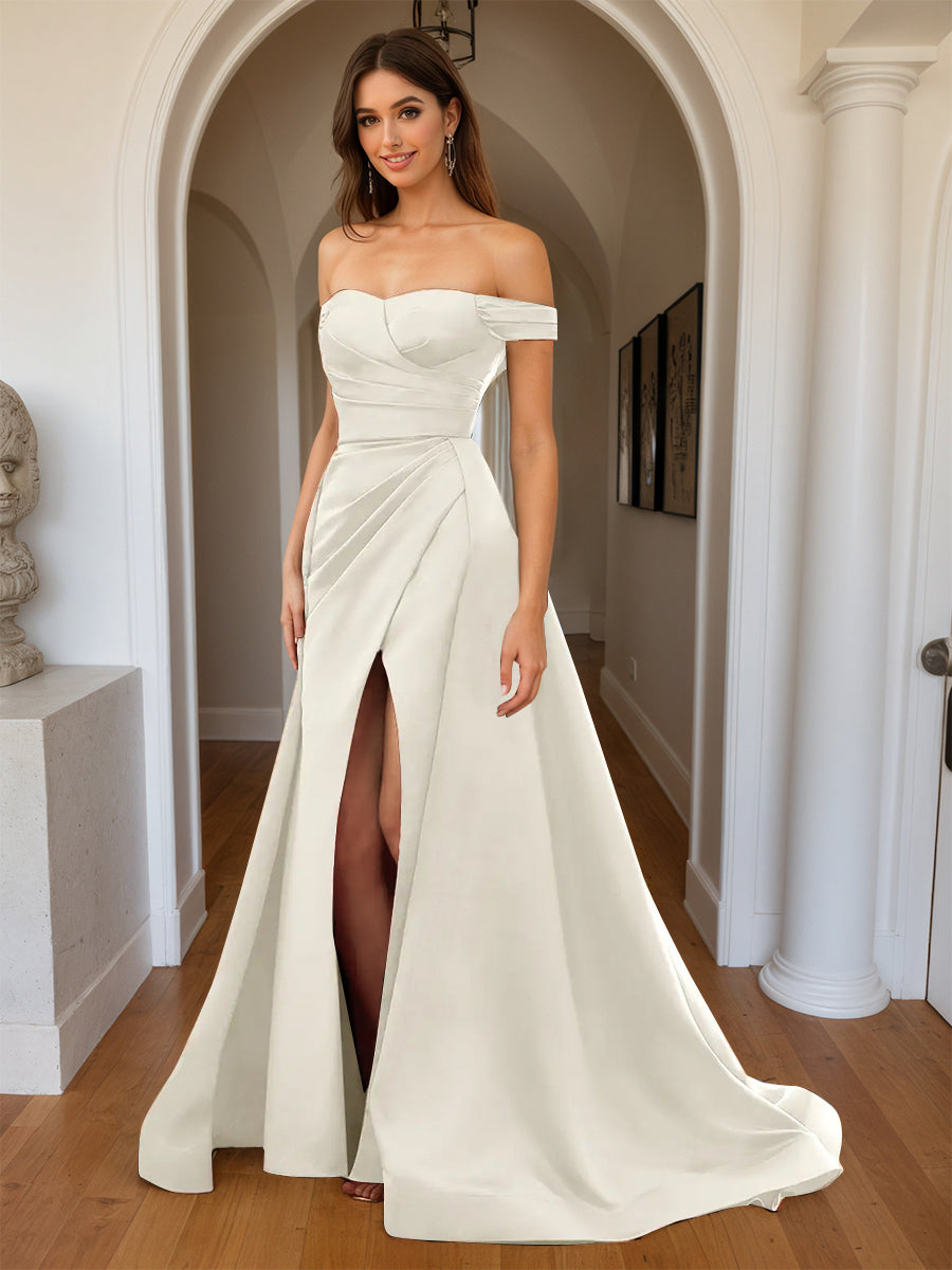Cicinia Ivory Prom Dresses Long Sheath Soft Satin Slit Off The Shoulder Party Dress