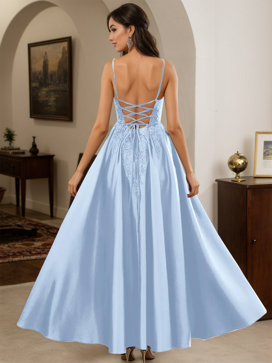Cicinia Sky Blue Prom Dresses Long Satin Appliques Lace A-line Floor Length