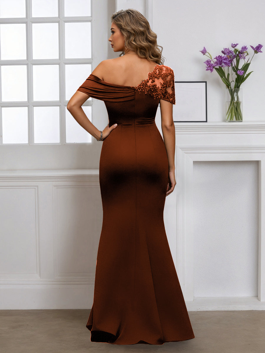Cicinia Brown Mother Of The Bride Dress Long Stretch Fabric Sheath One Shoulder Floor Length
