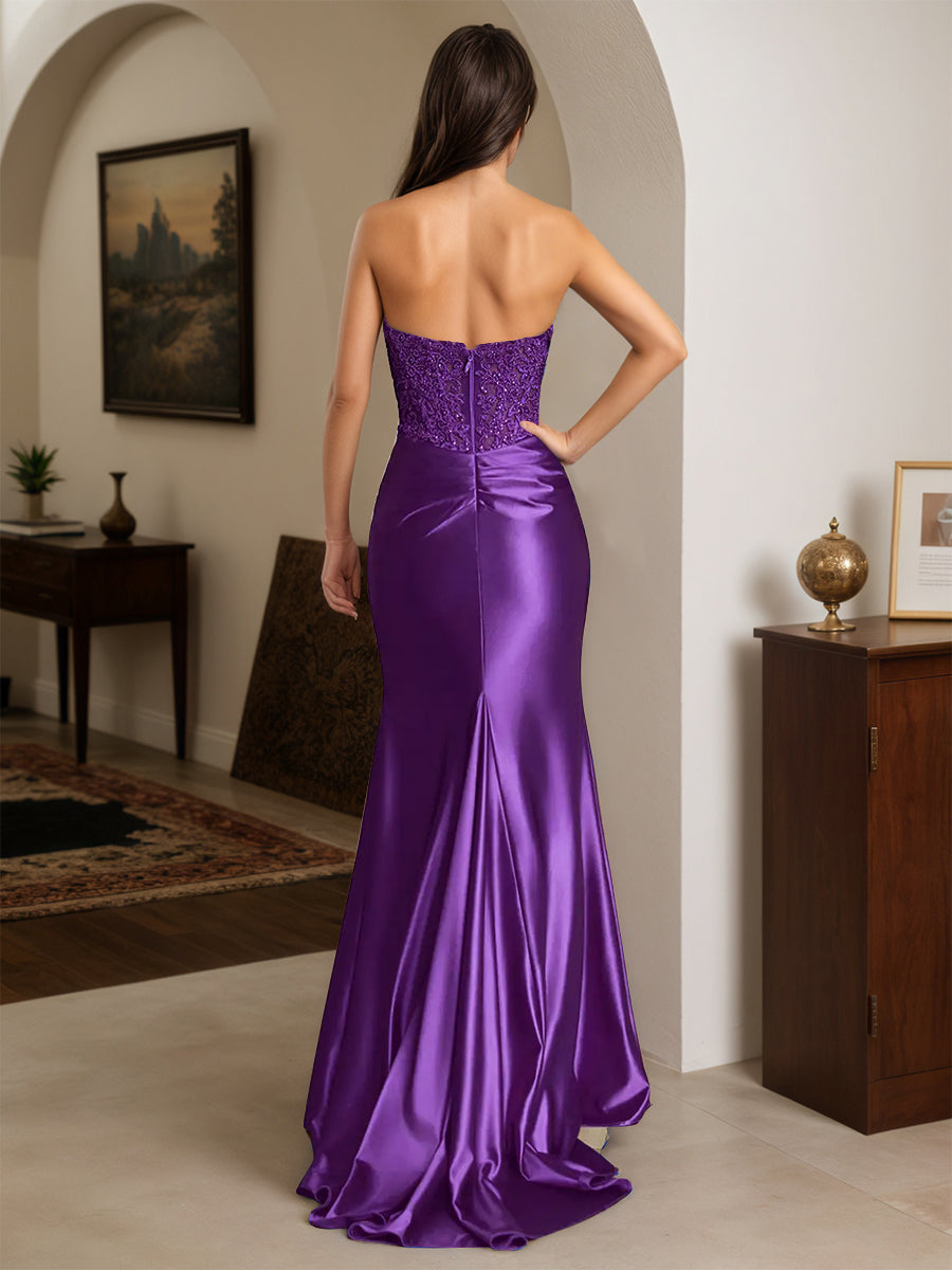 Cicinia Purple Prom Dresses Long Stretch Satin Sheath Strapless Appliques Lace
