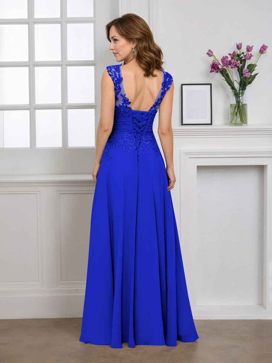 Cicinia Royal Blue Mother Of The Bride Dress Long Chiffon Appliques Lace A-line Floor Length V-neck