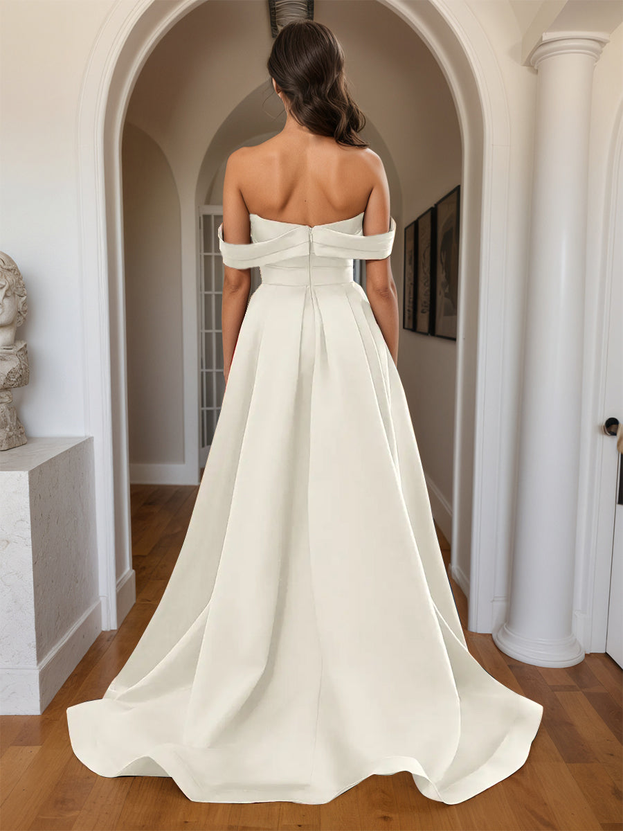 Cicinia Ivory Prom Dresses Long Sheath Soft Satin Slit Off The Shoulder Party Dress
