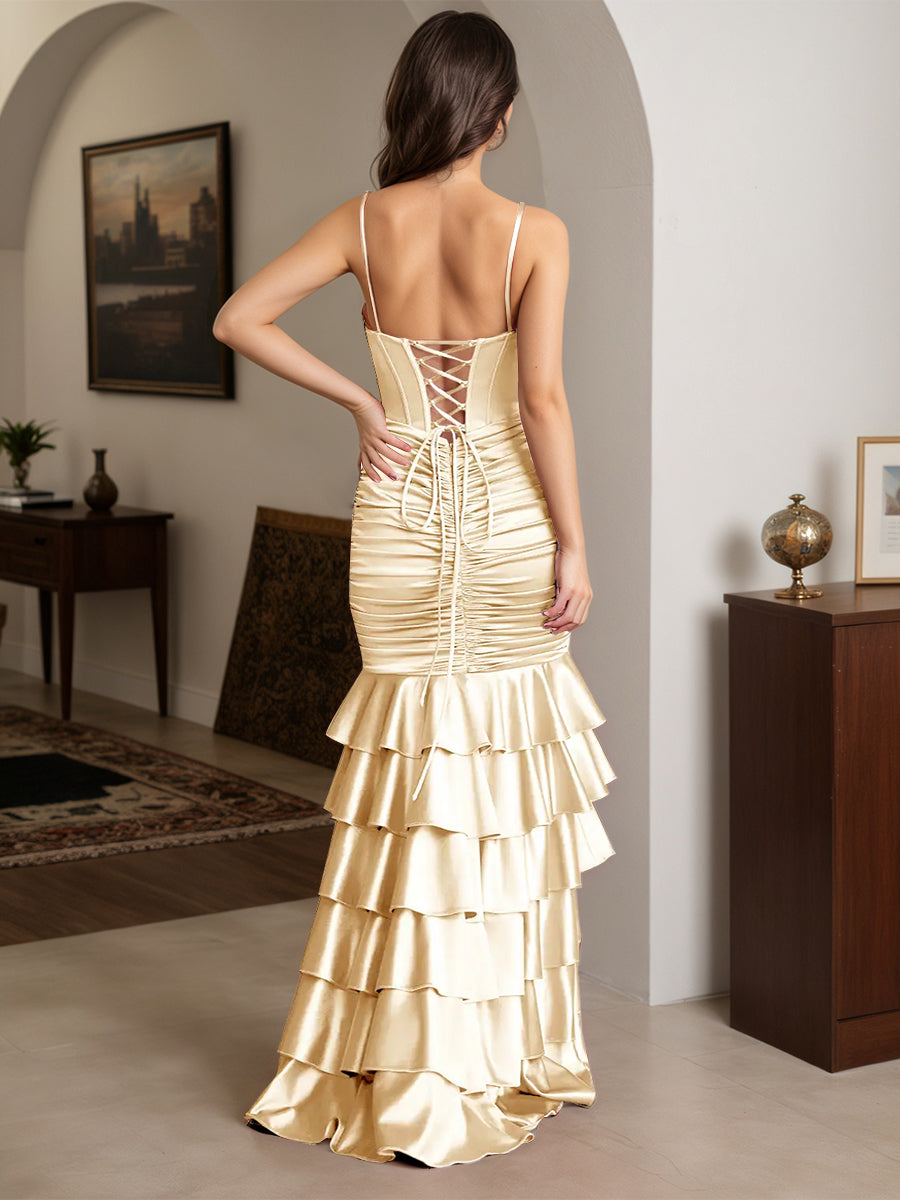 Cicinia Champagne Prom Dresses Long Stretch Satin Ruffles Sheath Slit Spaghetti Straps Gowns