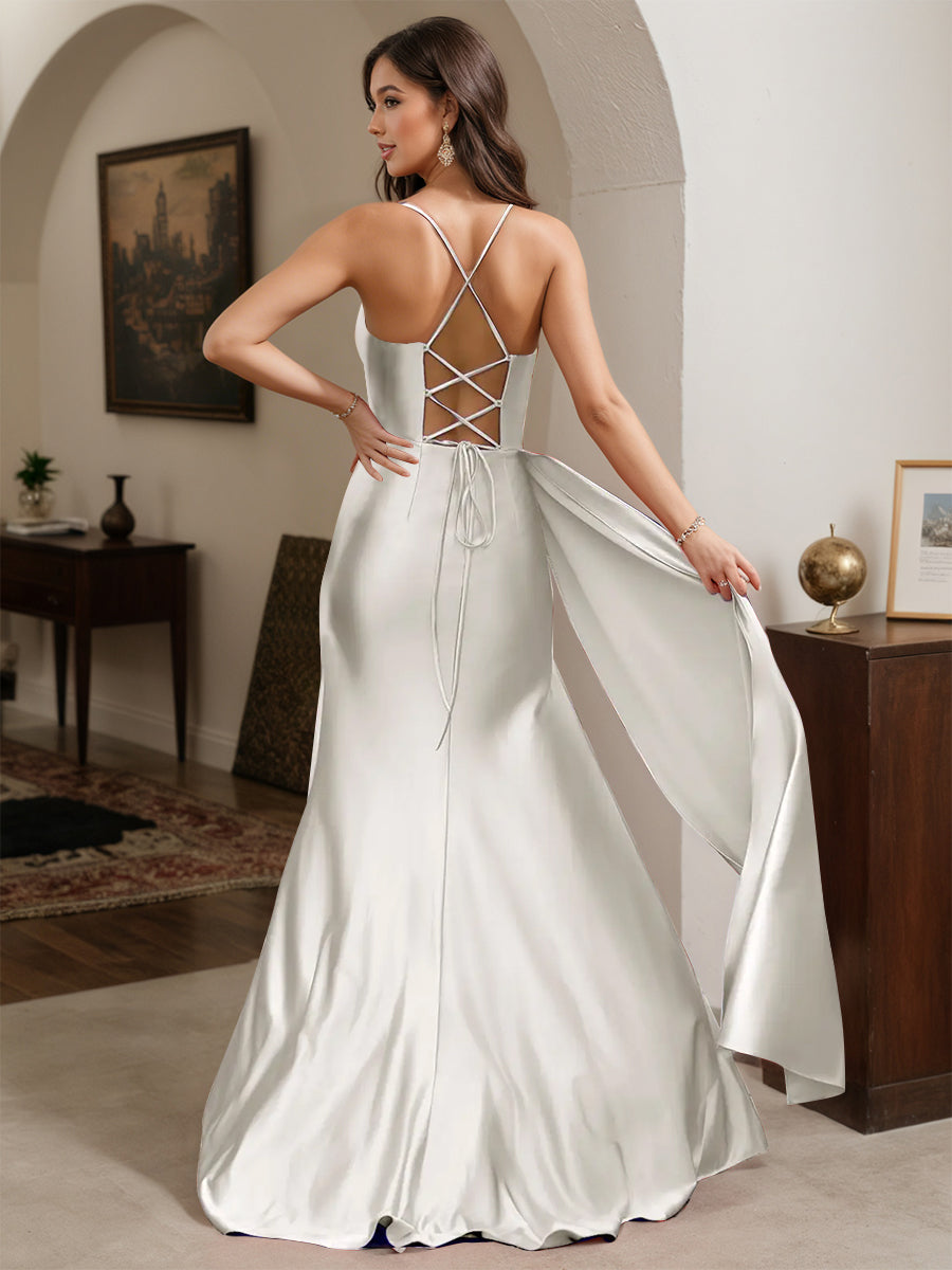 Cicinia Silver Prom Dresses Long Spaghetti Straps Sheath Slit Evening Dress With Side Drape