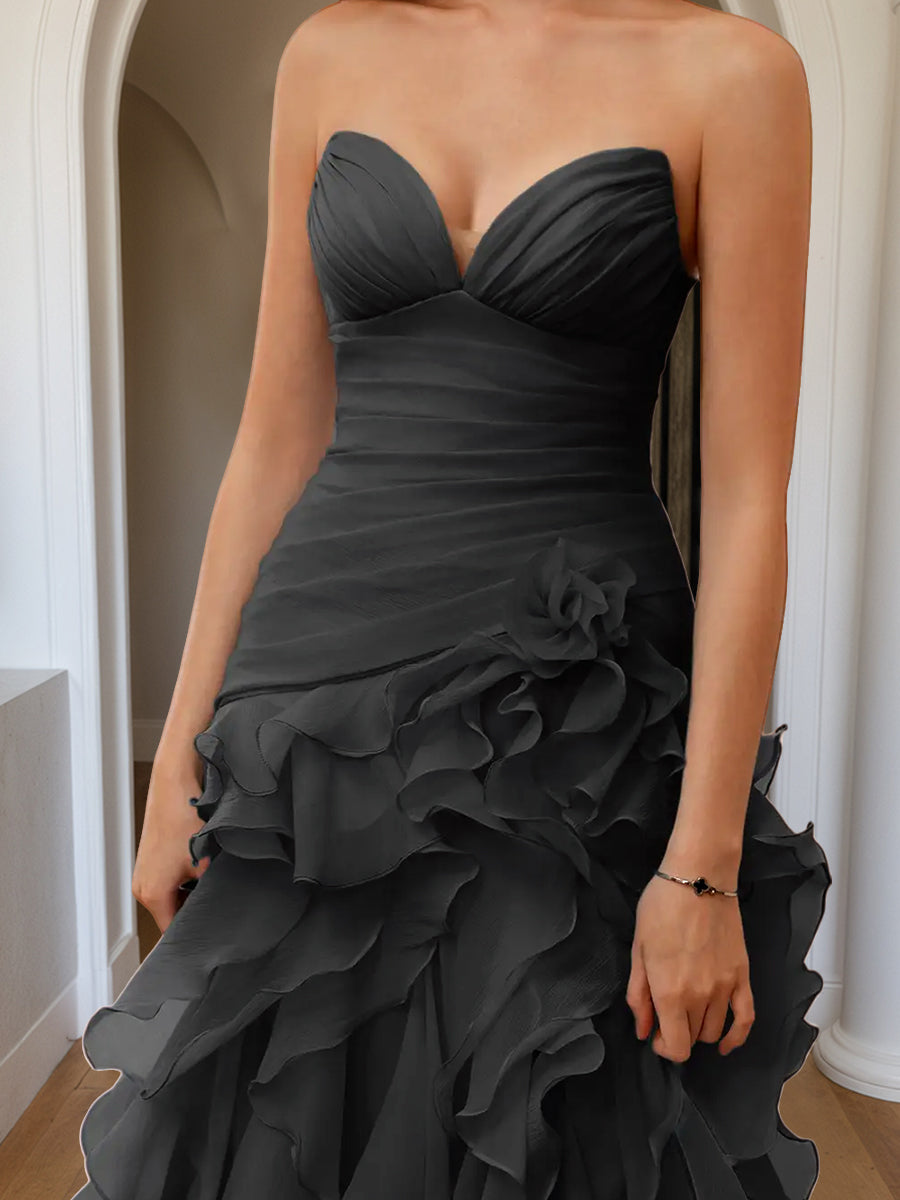 Cicinia Black Prom Dresses Long Sheath Slit Strapless Backless Layered Gowns