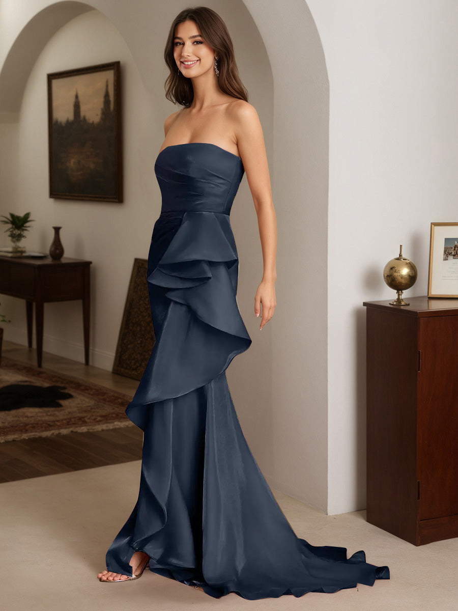 Cicinia Dark Navy Prom Dresses Long Strapless Sheath Slit Party Dress