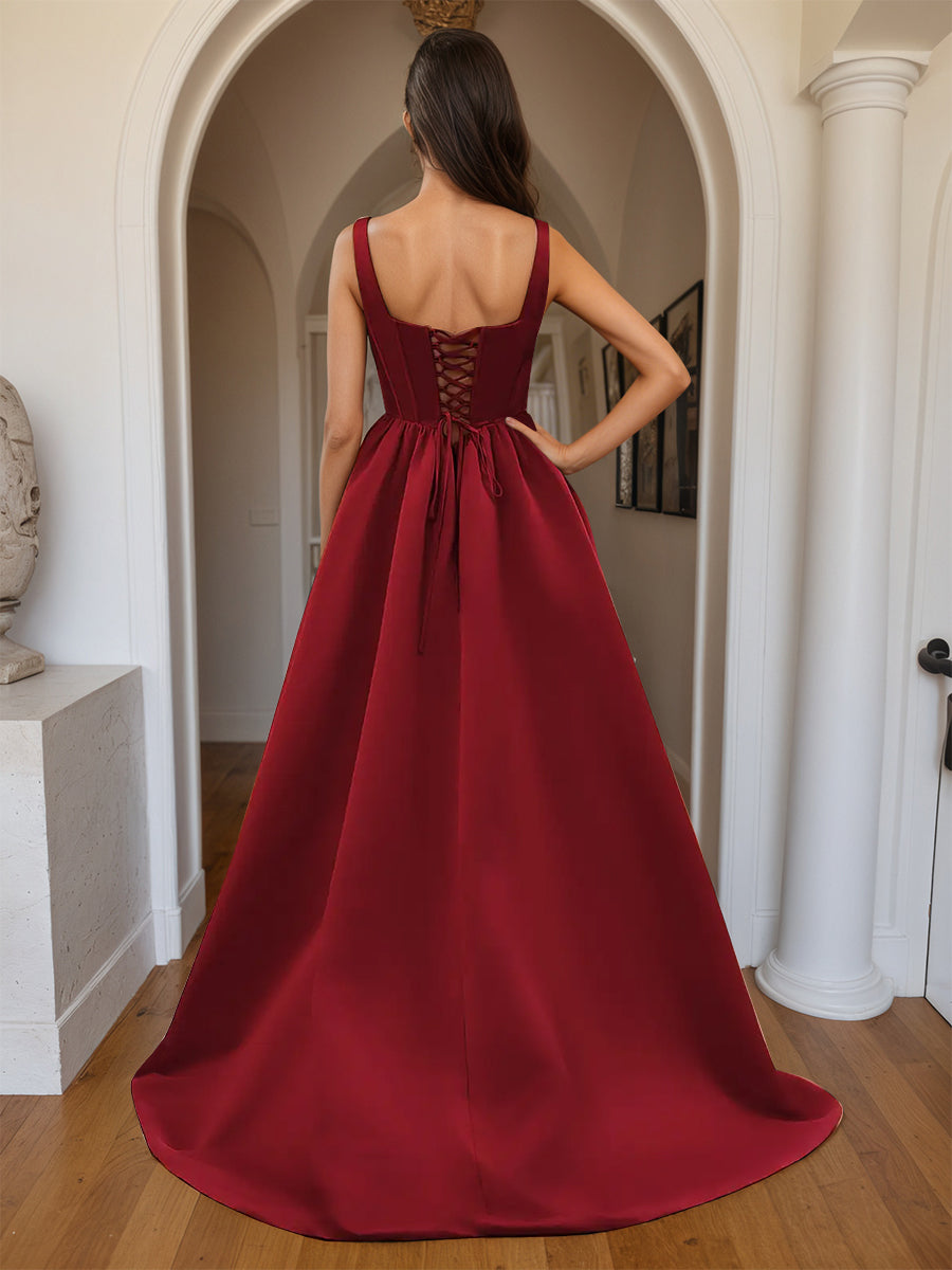 Cicinia Burgundy Prom Dresses Long A-line Satin Square Neckline Pretty Party Gowns