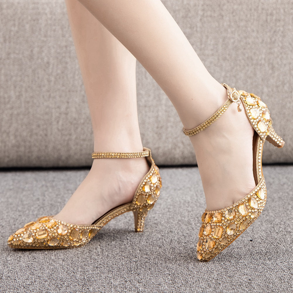 Pointed Toe Crystal Diamond Ankle Strap High Heel