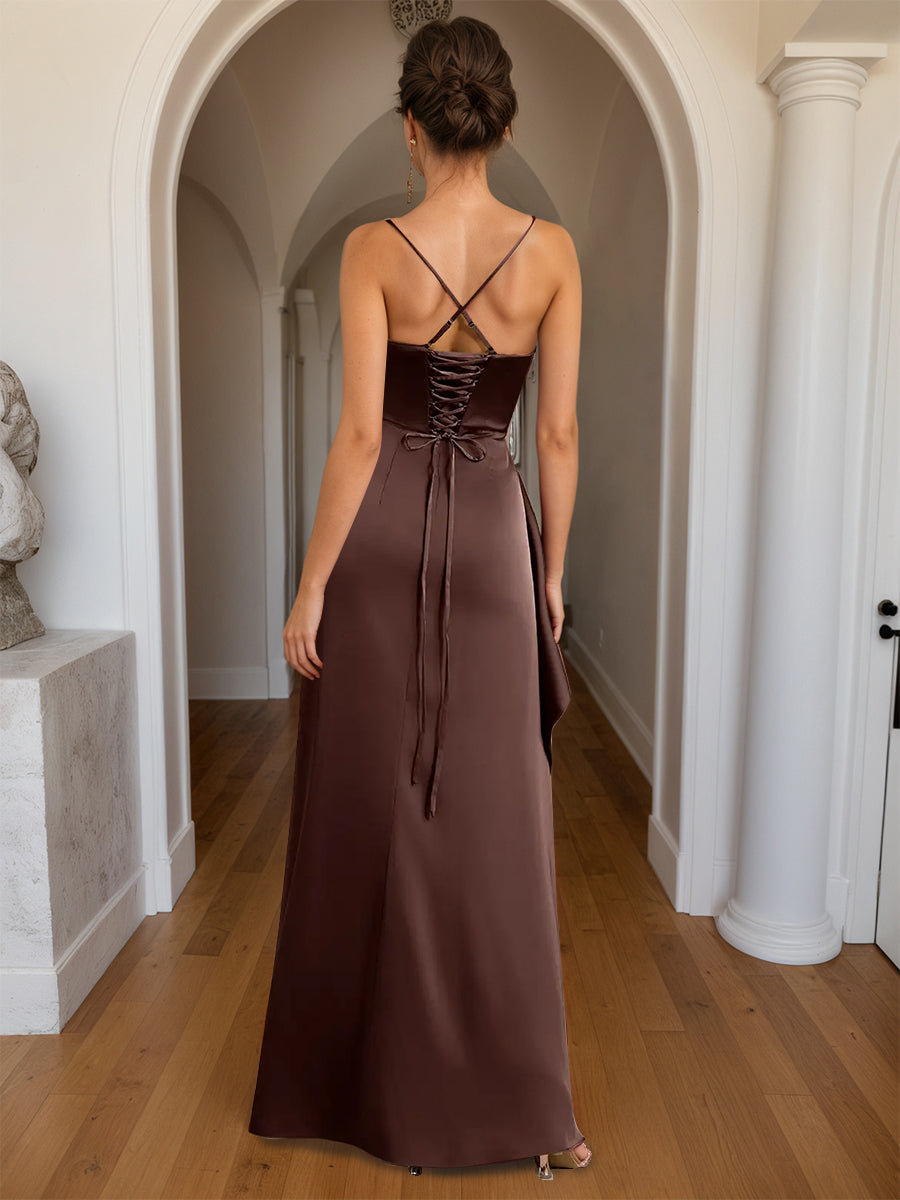 Cicinia Chocolate Prom Dresses Long Sheath Slit Spaghetti Straps Floor Length