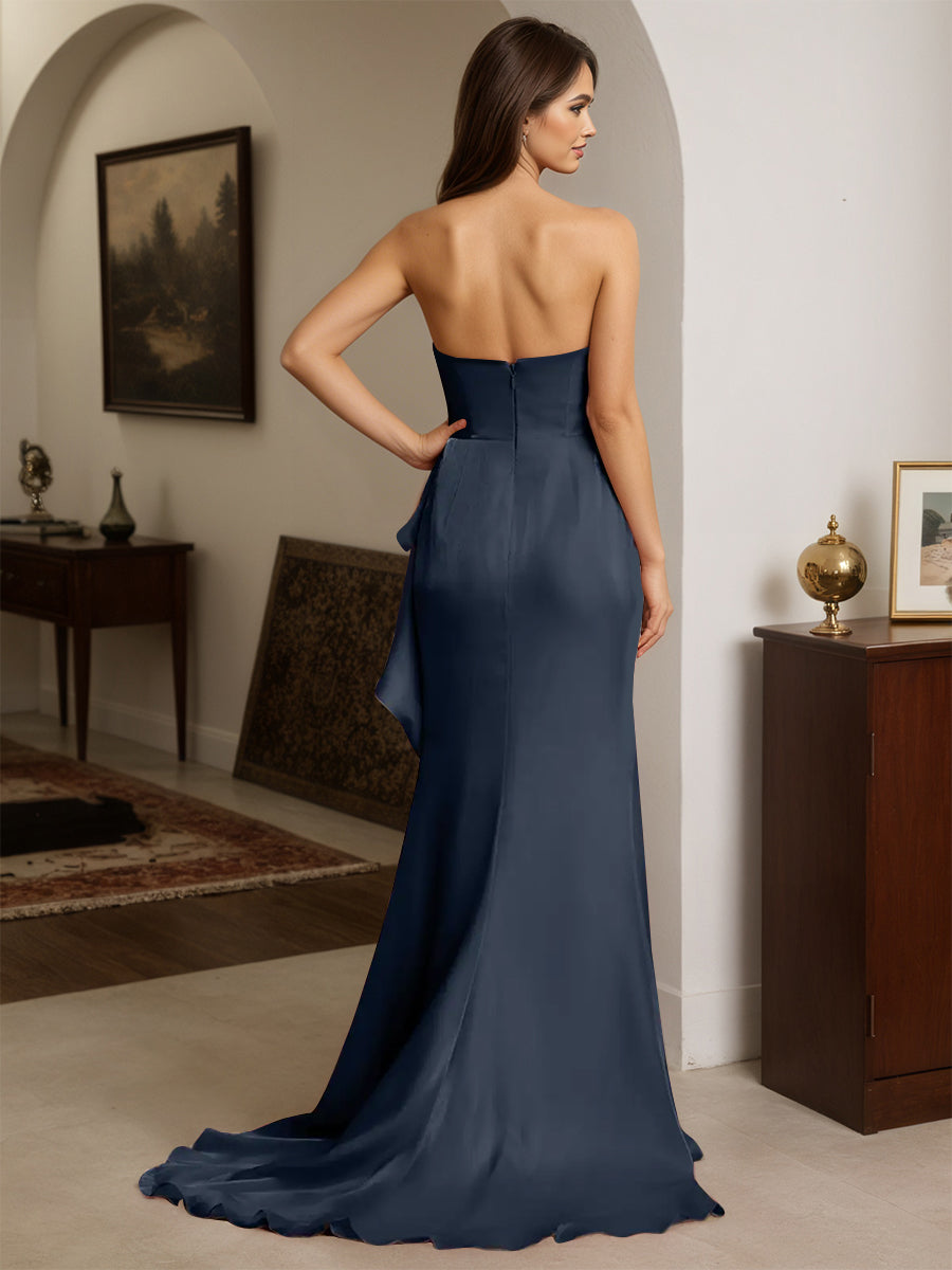 Cicinia Dark Navy Prom Dresses Long Strapless Sheath Slit Party Dress