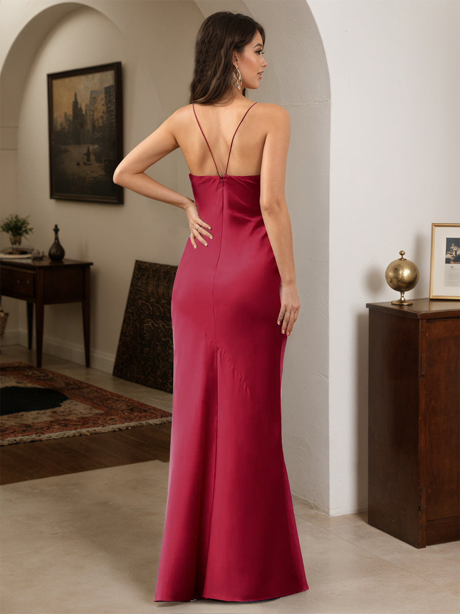 Cicinia Burgundy Prom Dresses Long Soft Satin Sheath Slit Spaghetti Straps Floor Length Chic