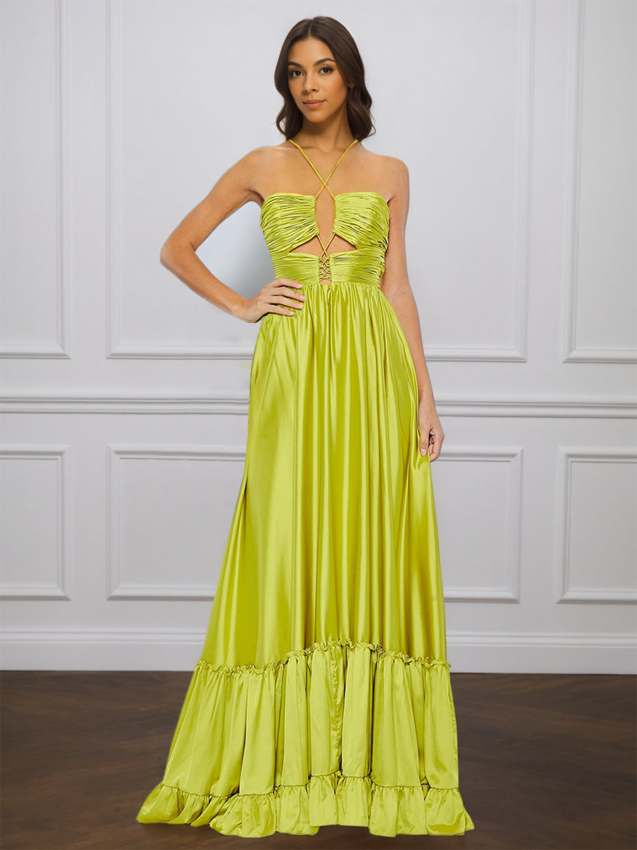 Cicinia Lemon Prom Dresses Long Soft Satin A-Line Spaghetti Straps Sweep Train