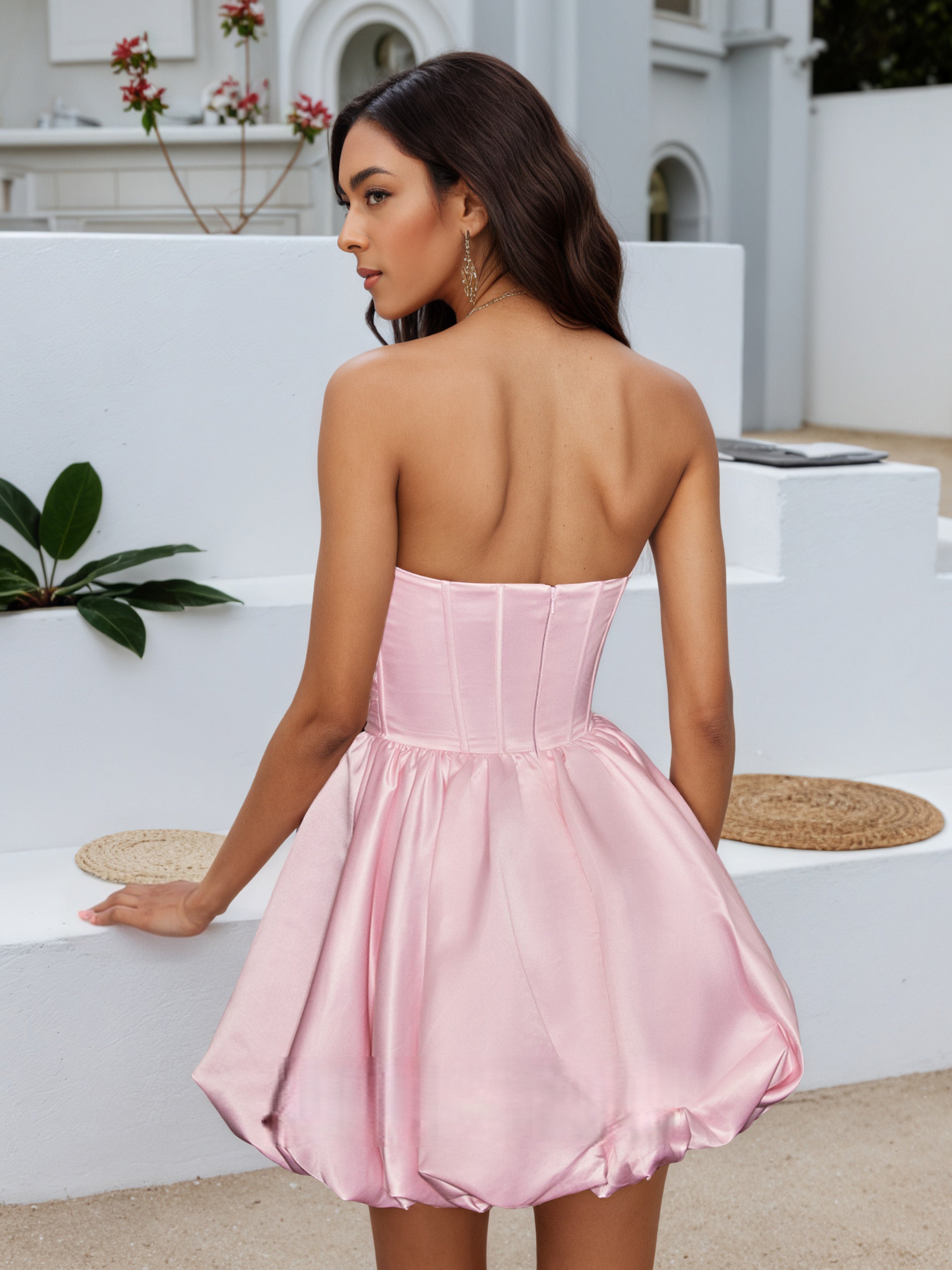 A-Line Strapless Pink Satin Mini Homecoming Dress