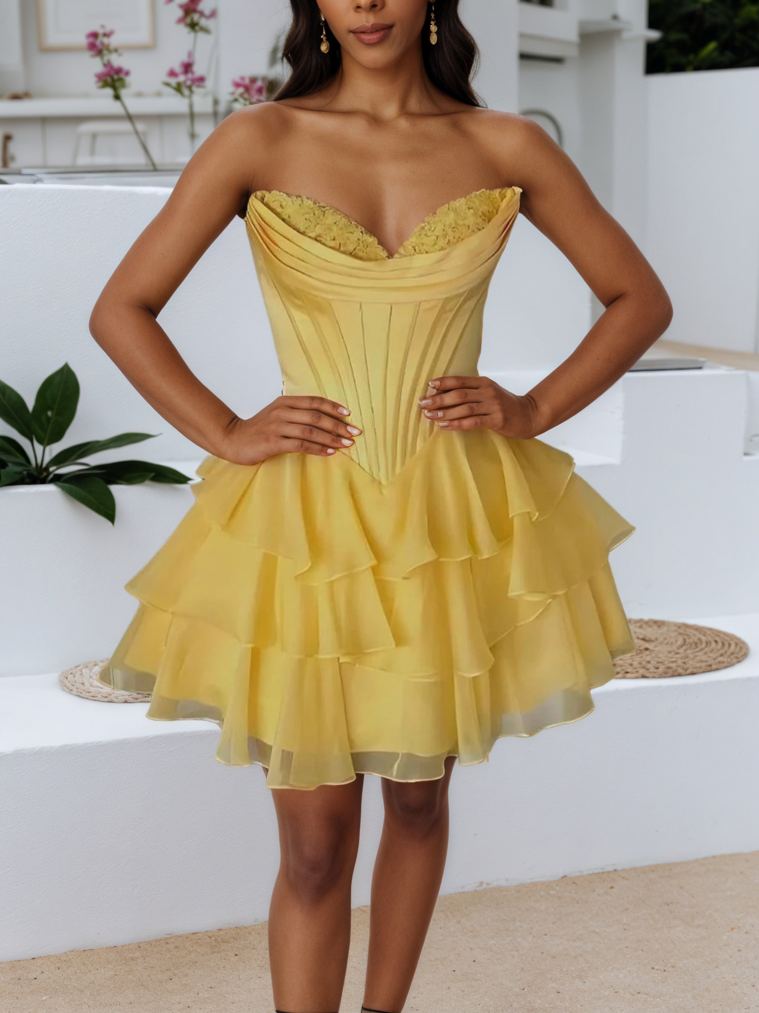 Yellow Strapless Sweetheart A-Line Layers Mini Homecoming Dress Yellow Strapless Sweetheart A-Line Layers Mini Homecoming Dress