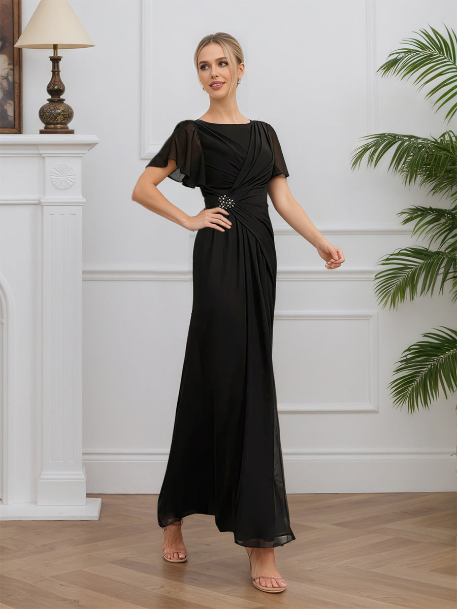 Cicinia Black Mother Of The Bride Dress Long Chiffon Sheath Short Sleeves Floor Length