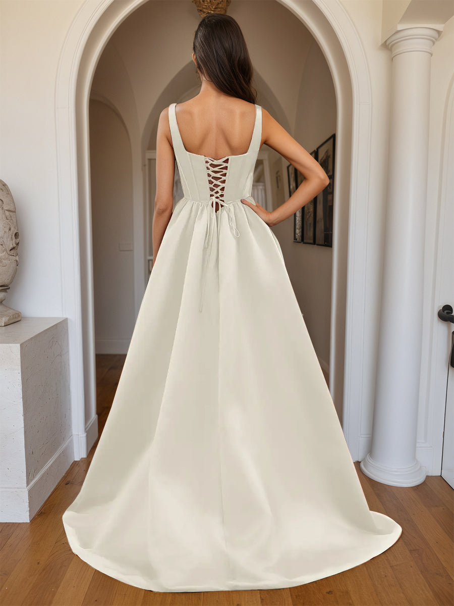 Cicinia Ivory Prom Dresses Long A-line Satin Square Neckline Pretty Party Gowns