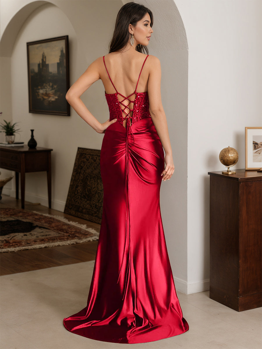 Cicinia Red Prom Dresses Long Stretch Satin Spaghetti Straps Sheath Party Gowns With Sweep Train