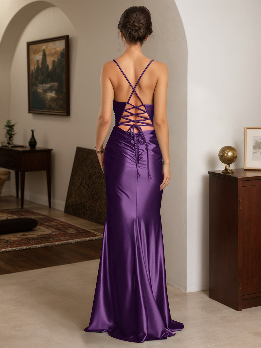Cicinia Grape Prom Dresses Long Stretch Satin Sheath Spaghetti Straps Backless Chic