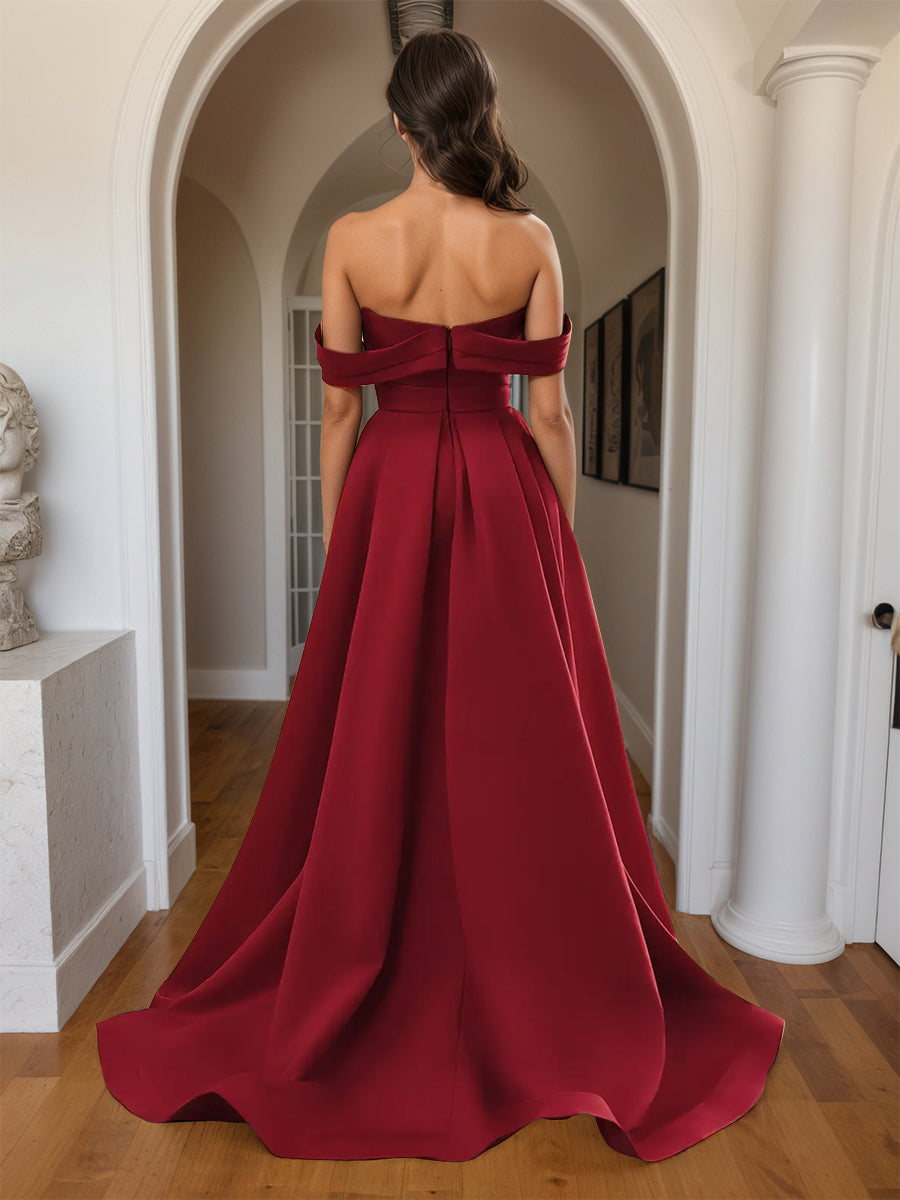 Cicinia Burgundy Prom Dresses Long Sheath Soft Satin Slit Off The Shoulder Party Dress