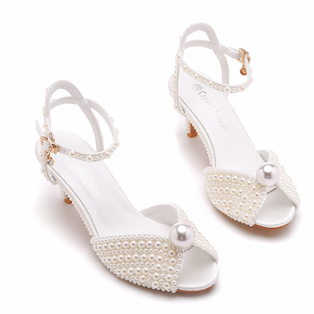 Satin Faux Pearl Peep Toe One-Strap High Heel Sandals
