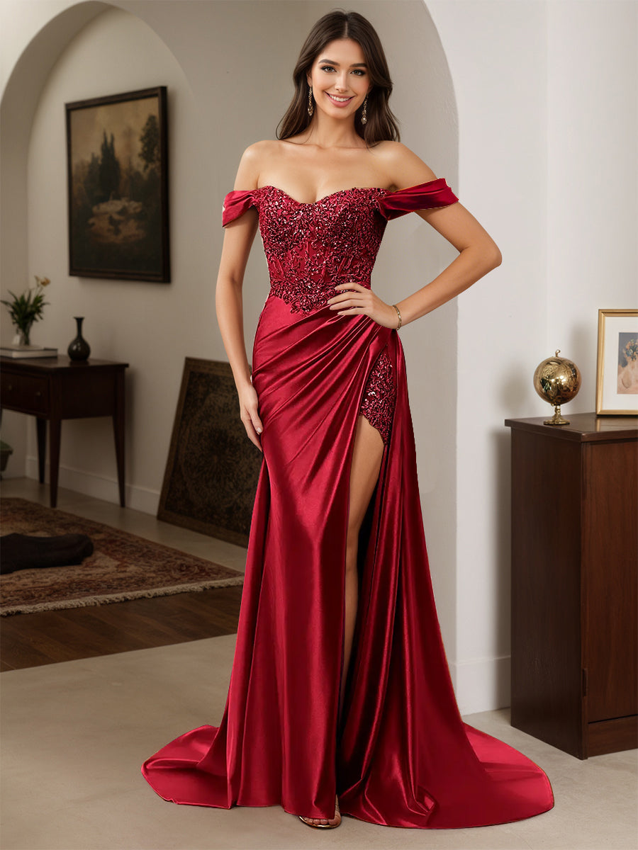 Cicinia Burgundy Prom Dresses Long Sheath Appliques Lace Off The Shoul