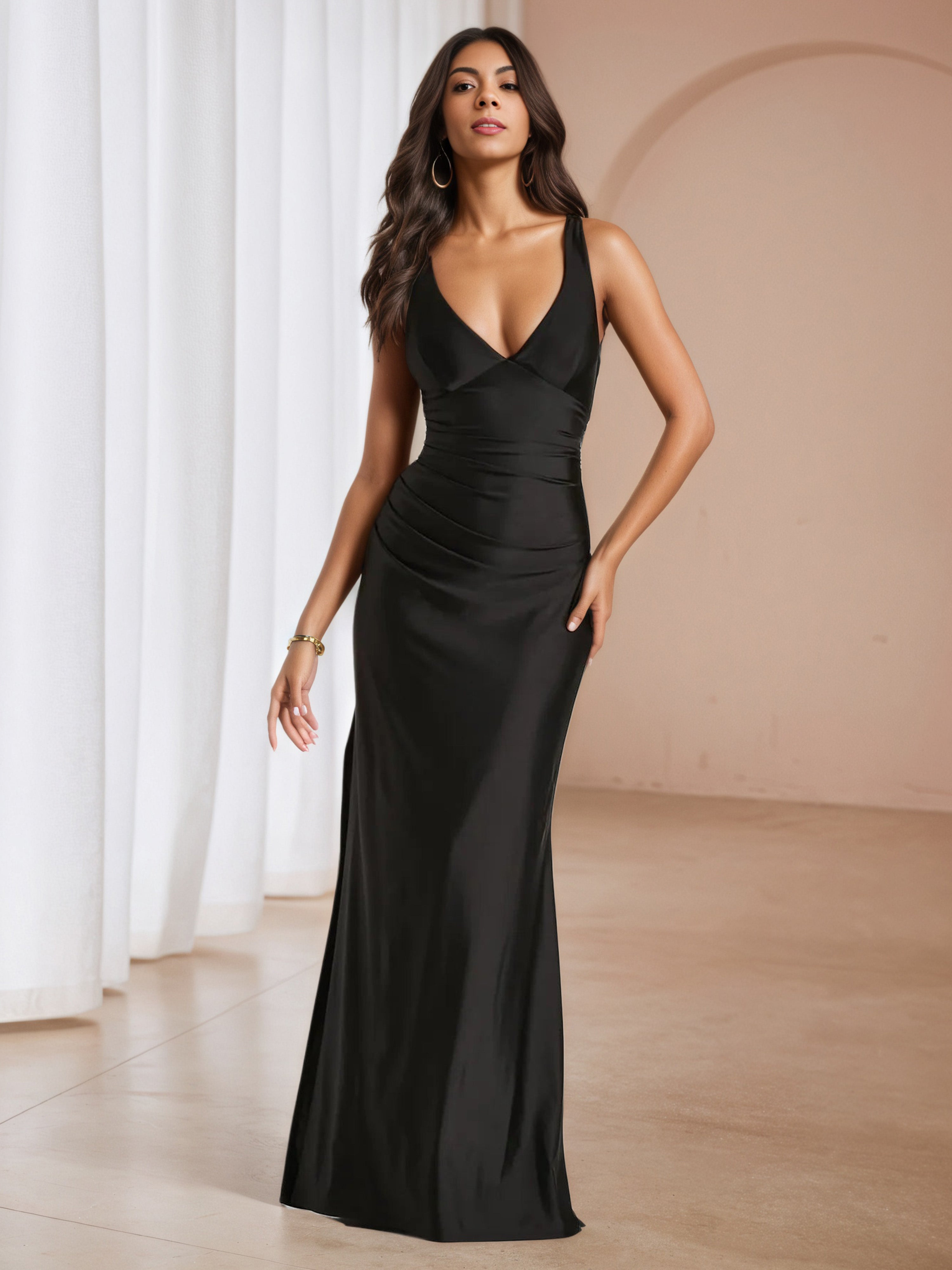 Satin V-Neck Criss-Cross Straps Back Black Formal Dresses