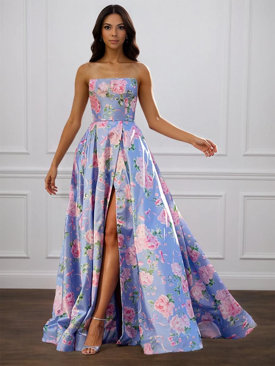 Cicinia Blue Prom Dresses Long Printed Fabric A-line Slit Strapless Pa
