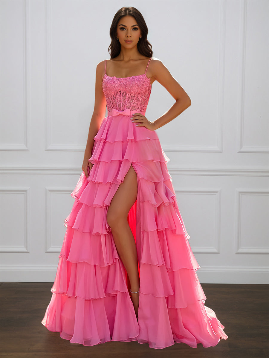 Cicinia Azalea Prom Dresses Long Chiffon Appliques Lace A-line Spaghetti Straps Layered Slit Cicinia Azalea Prom Dresses Long Chiffon Appliques Lace A-line Spaghetti Straps Layered Slit