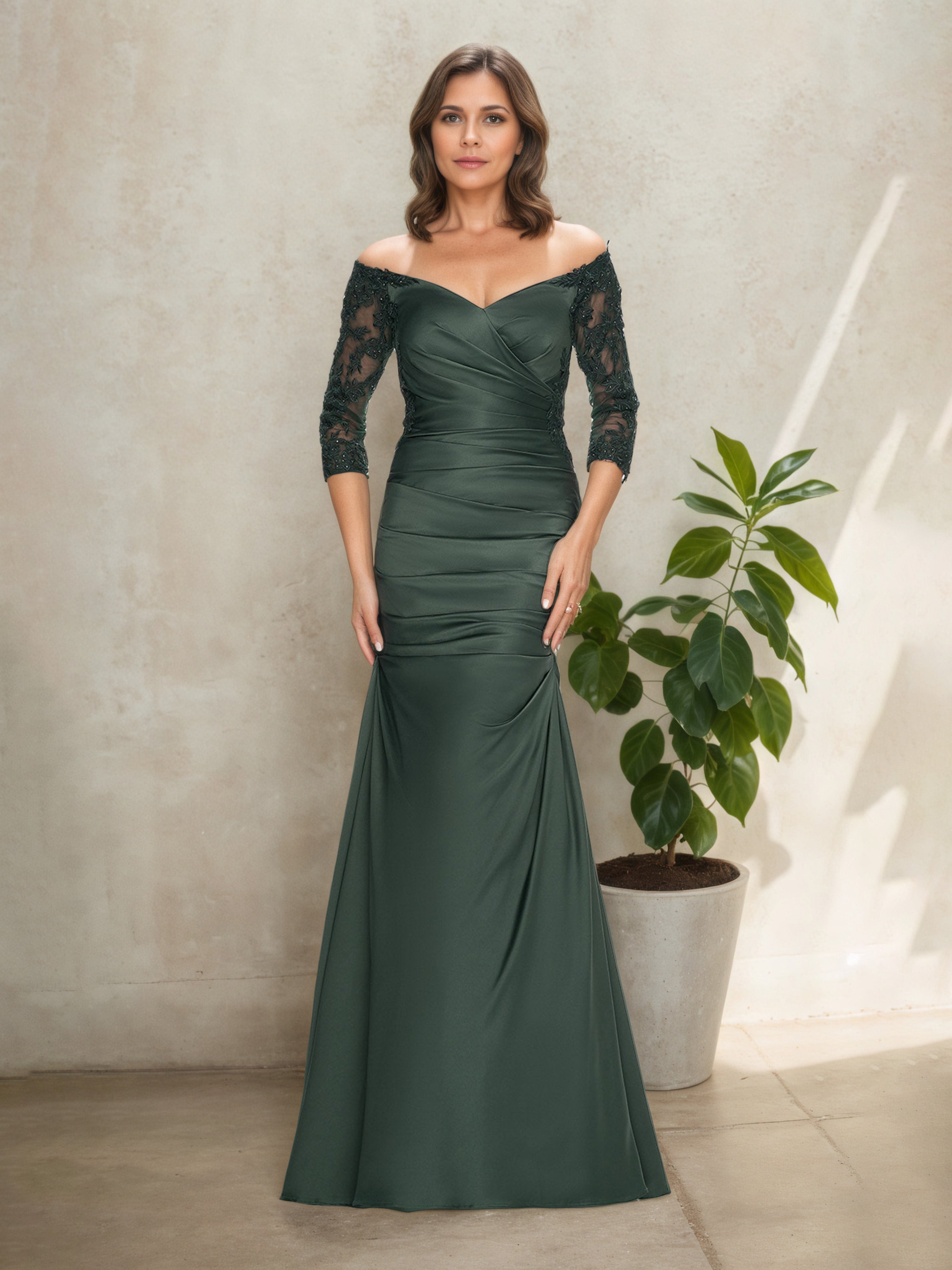 Off The Shoulder Long Sleeves Dark Emerald Ruched Mother Of The Bride Off The Shoulder Long Sleeves Dark Emerald Ruched Mother Of The Bride