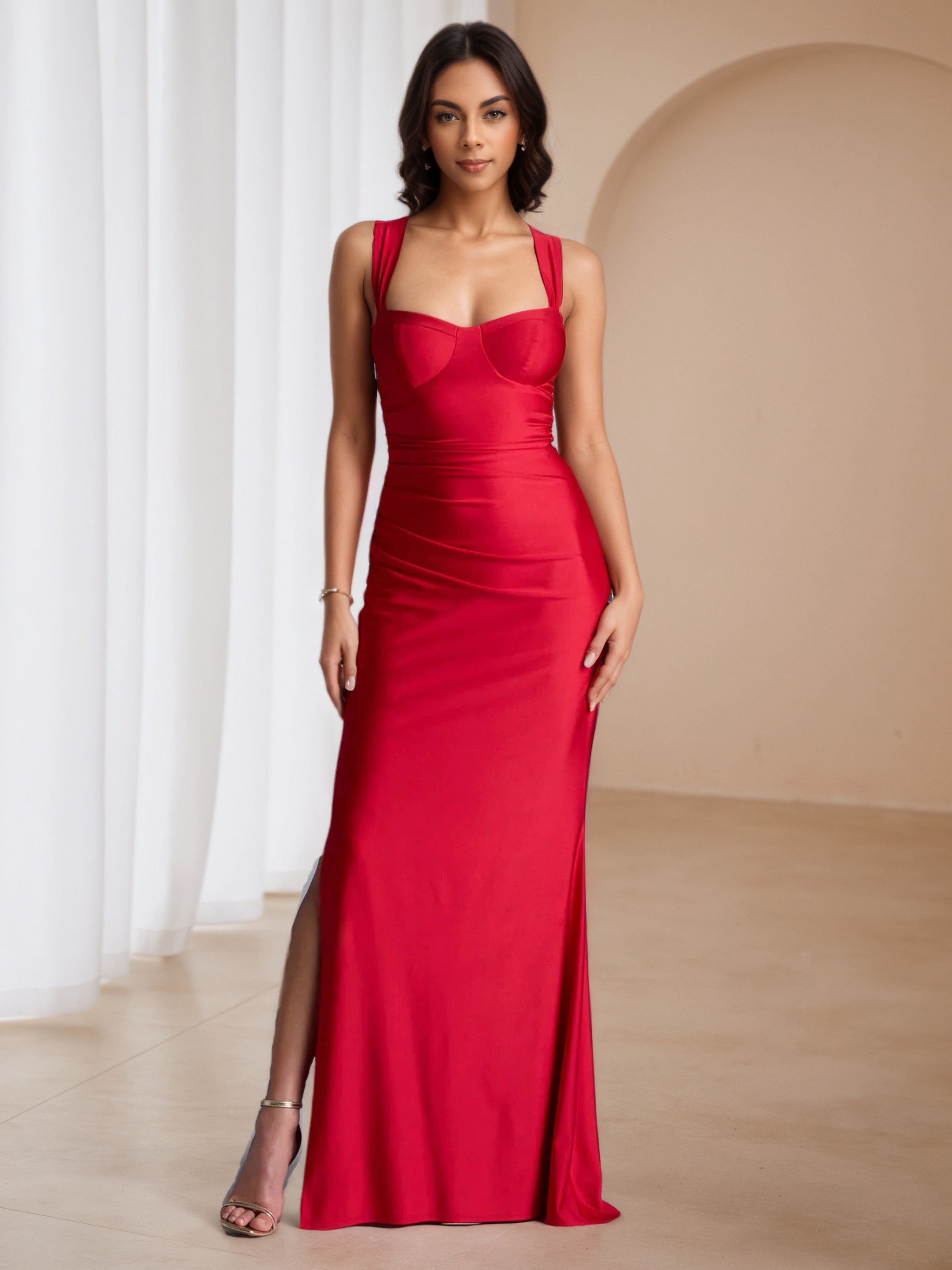 Straps Red Sweep/Brush Train Criss-Cross Straps Formal Dresses