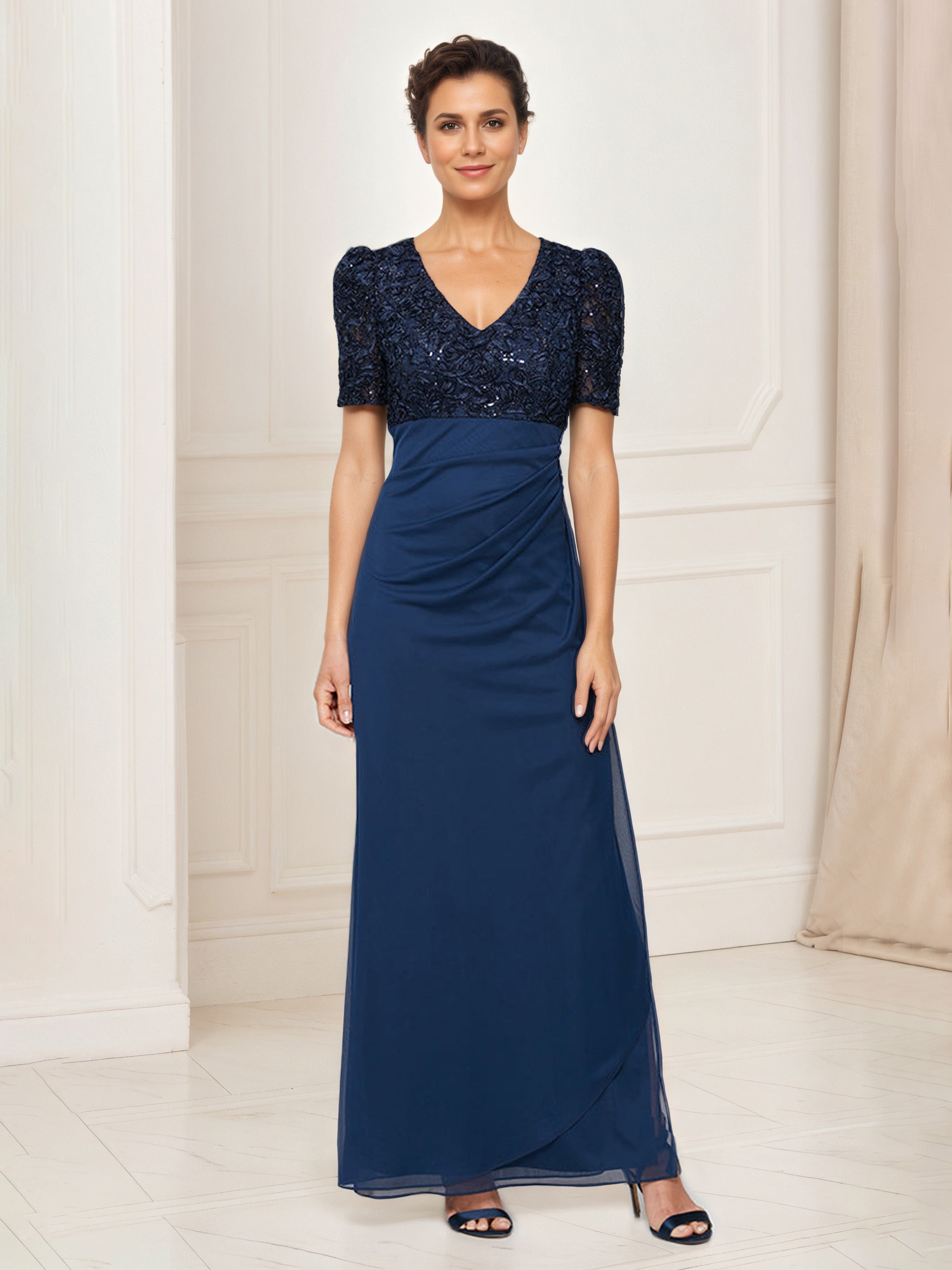 Dark Navy Mother Of Bride Dress V-Neck Short Sleeves Lace Top Empire Waist Mother Of The Bride Dress Dark Navy Mother Of Bride Dress V-Neck Short Sleeves Lace Top Empire Waist Mother Of The Bride Dress