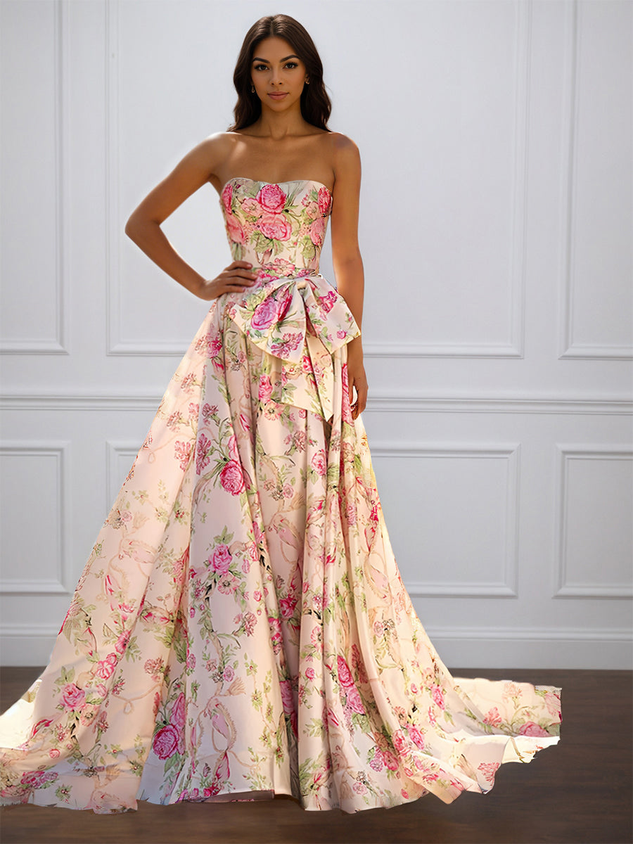 Cicinia Apricot Prom Dresses Long Printed Fabric A-line Strapless With Cicinia Apricot Prom Dresses Long Printed Fabric A-line Strapless With