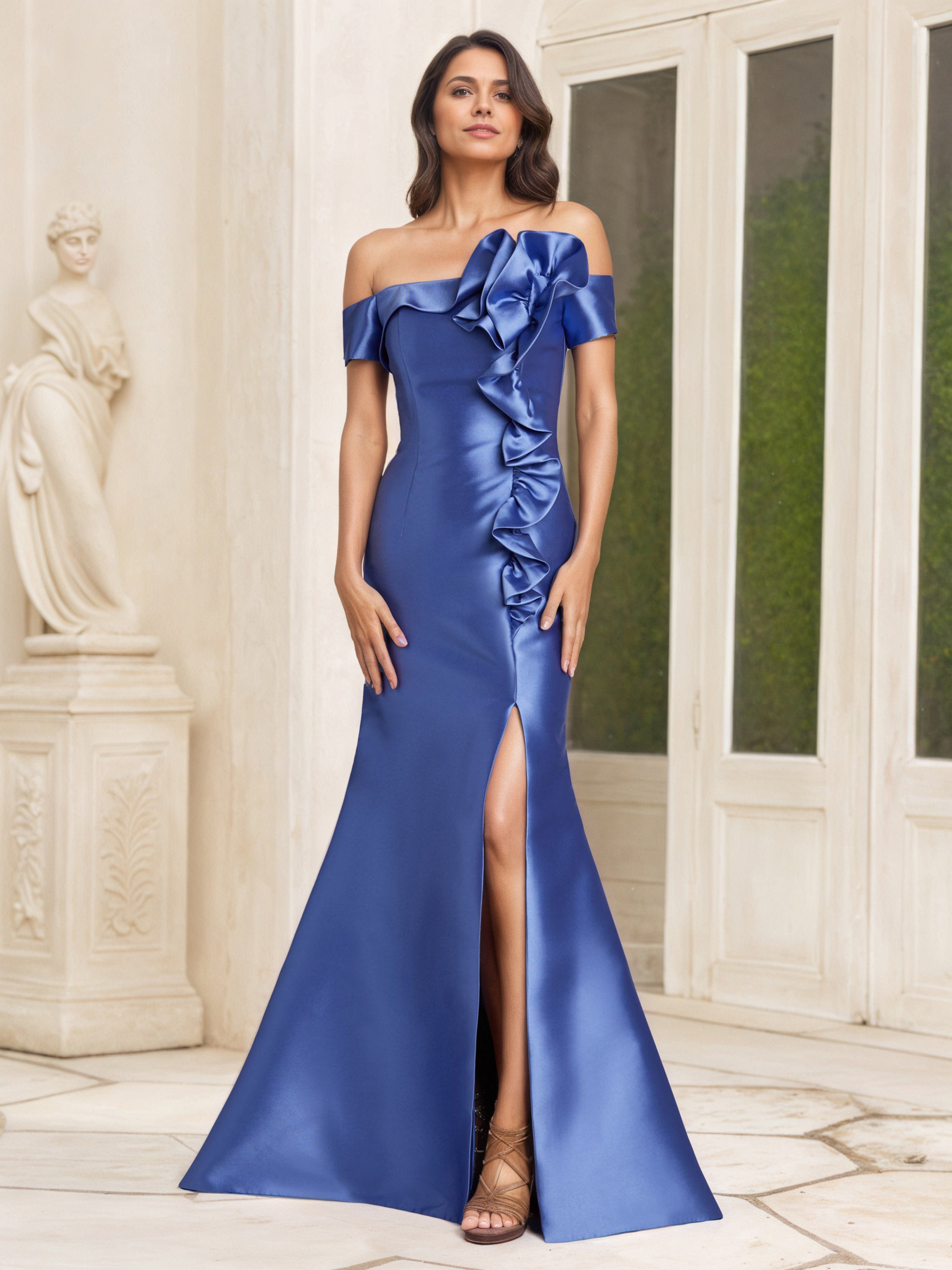 Illusion Satin Ruffle Bodice Off The Shoulder Blue Mother Of The Bride Dress with Split Illusion Satin Ruffle Bodice Off The Shoulder Blue Mother Of The Bride Dress with Split