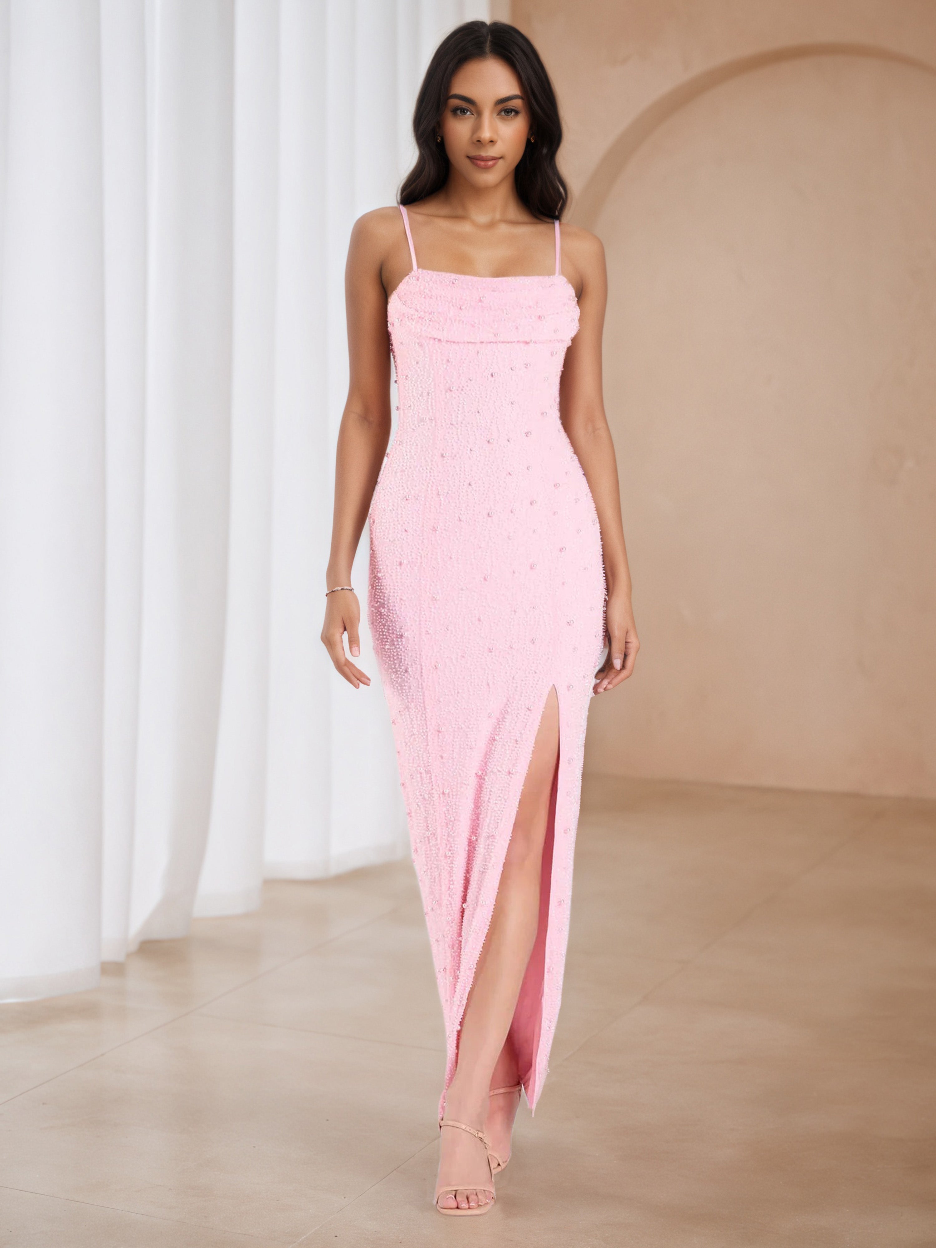 strapless open back dress Spaghetti Straps Candy Pink Formal Dresses with Pearl
