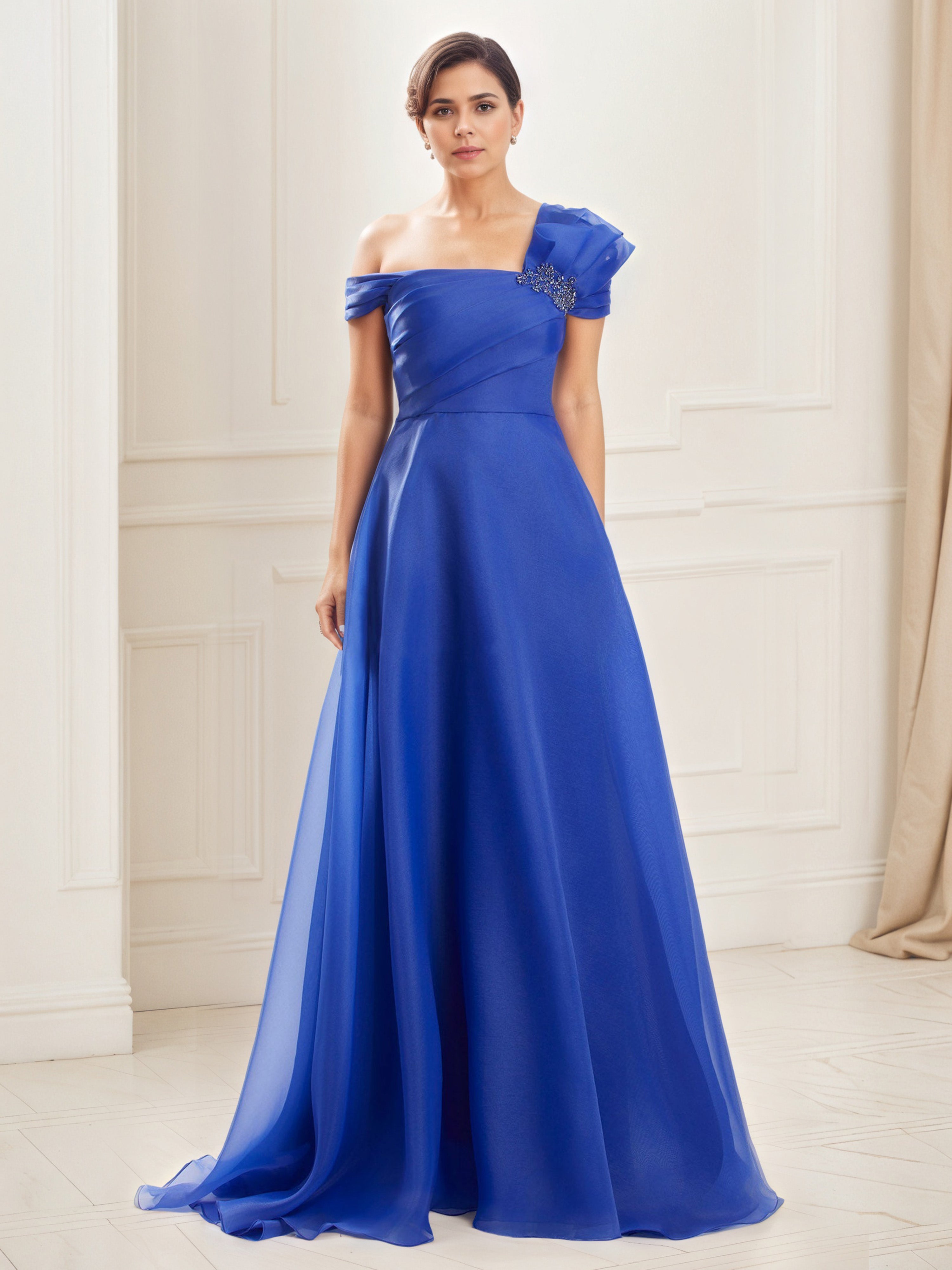 Royal Blue Mother Of Bride Dresses A-Line Embellished One Shoulder Pleated Bodice Mother Of The Bride Dress Royal Blue Mother Of Bride Dresses A-Line Embellished One Shoulder Pleated Bodice Mother Of The Bride Dress