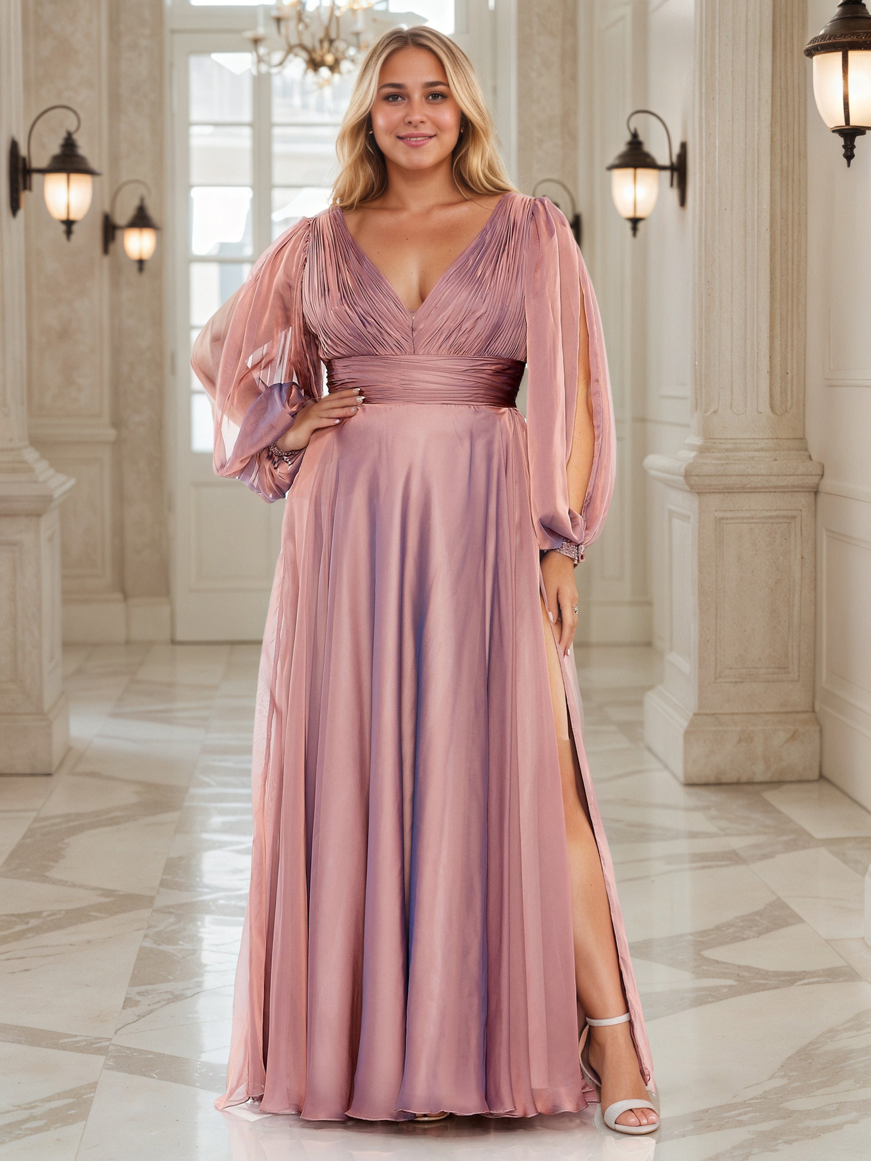 Flowy Long Sleeves Cameo Brown V-neck Plus Size Prom Dress Flowy Long Sleeves Cameo Brown V-neck Plus Size Prom Dress