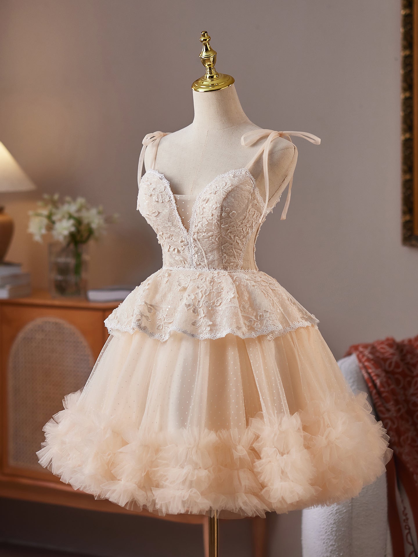 Charming Spaghetti Straps A Line Champagne V Neck Homecoming Dress Charming Spaghetti Straps A Line Champagne V Neck Homecoming Dress
