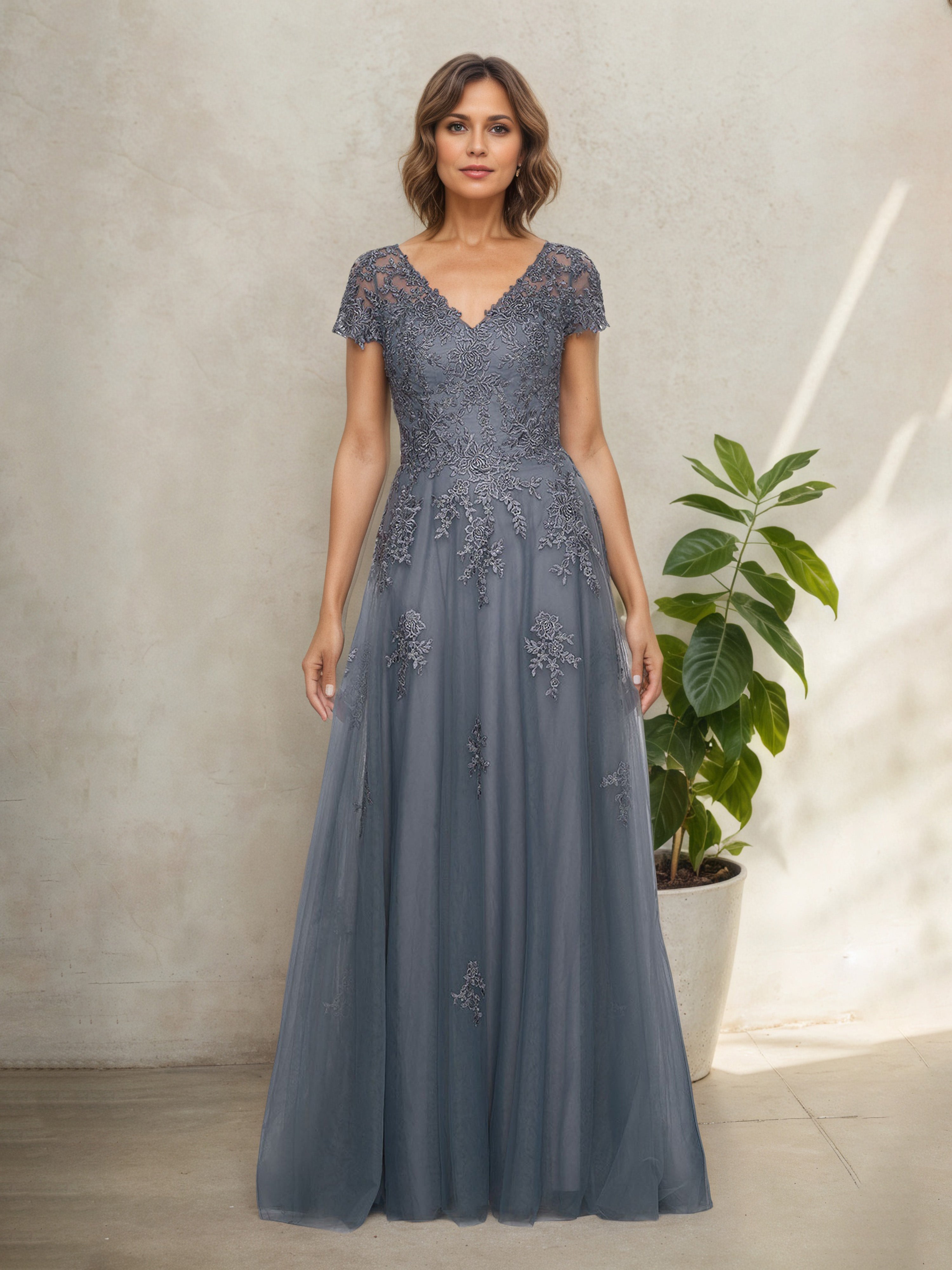 Slate Blue Lace Short Sleeves V-Neck Mother Of The Bride Dress Slate Blue Lace Short Sleeves V-Neck Mother Of The Bride Dress