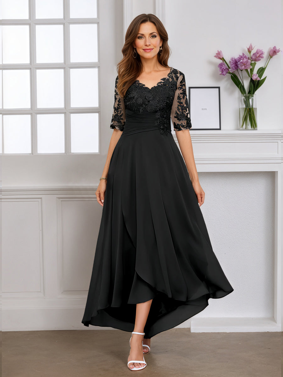 Cicinia Black Mother Of The Bride Dress Half Sleeves Long Chiffon Lace